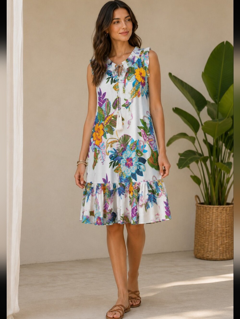 37-RAGA Multicolor Floral Tie-Neck Cotton Tunic